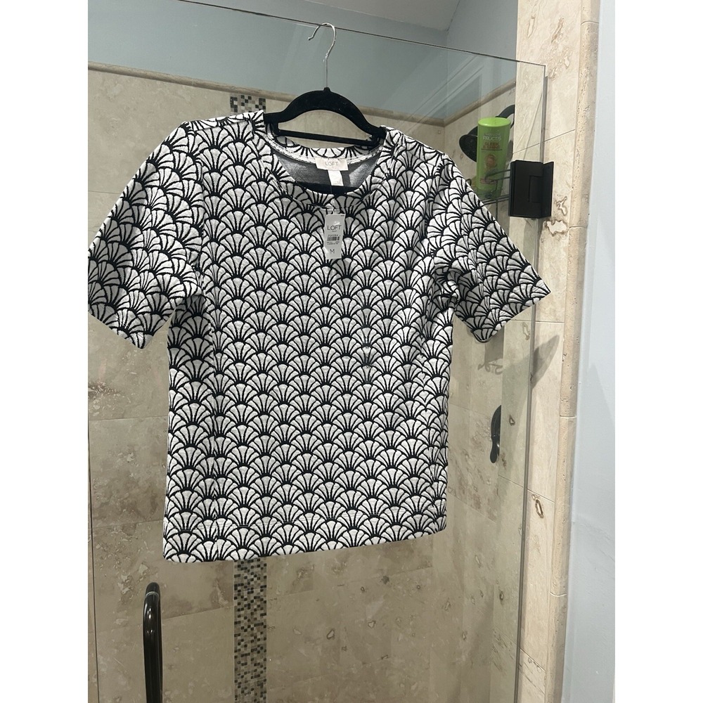 Loft M Brocade Black White Short Sleeve Pullover Blouse Work Career NWT 21201264